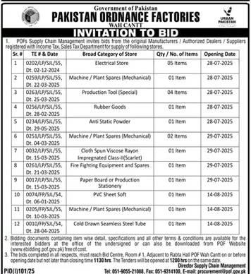 Pakistan Ordnance Factories Wah Cantt Tender Notice